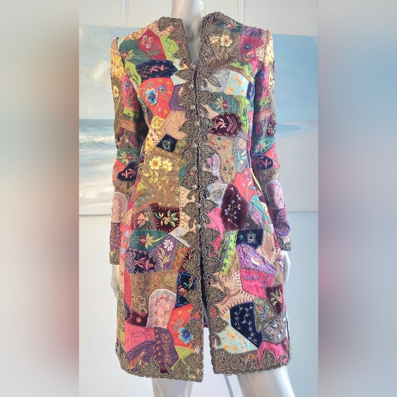 $7,500 OSCAR DE LA RENTA EXQUISITE GOLDEN PATCHWORK MULTI BEADED RUNWAY COAT S M - Picture 4 of 16